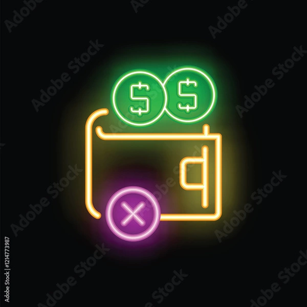 Fototapeta Glowing neon wallet icon is paired with dollar coins and a cross mark, symbolizing the concept of having no money