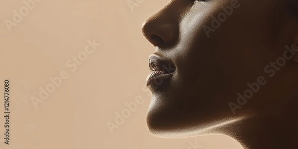 Fototapeta Profile silhouette of female face with focus on lips and nose in warm light