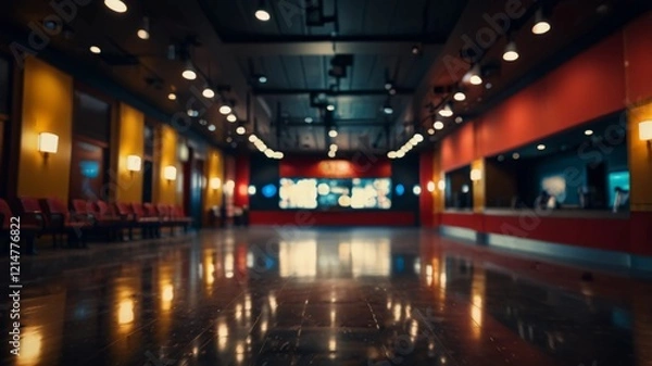 Fototapeta Movie theater entrance interior blur image use for background of business and cinema concept. Abstract blurred image of lobby of movie theater