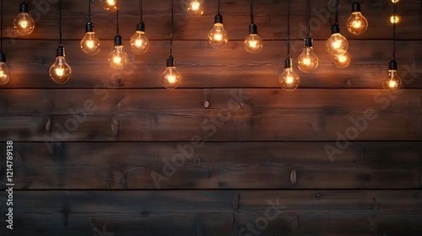Fototapeta Suspended glowing bulb with unlit bulbs placed randomly below on a wooden texture background