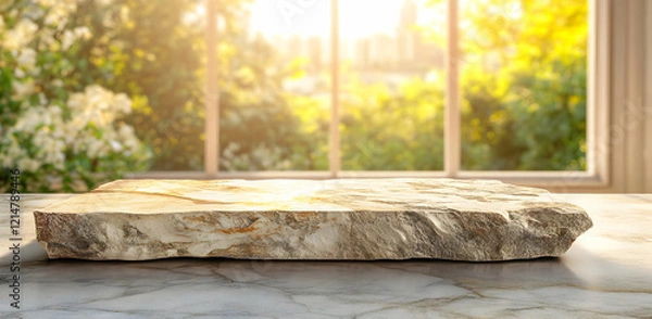 Fototapeta Stone Slab Display Near Window with Sunny Outdoor View