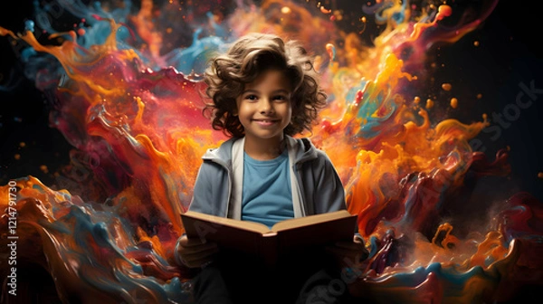 Fototapeta Child Reads a Book Amidst a Colorful, Abstract Paint Explosion Background, Imaginative and Vibrant.