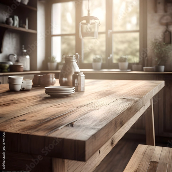 Obraz Rustic Kitchen with a Wooden Kitchen Table - Generative AI