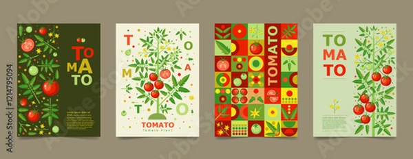 Fototapeta Set of posters, brochures with tomato drawing. Isolated flowers, fruits and leaves. Geometry map for print design vector banner