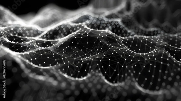 Obraz Abstract 3D landscape forms a digital wave with connecting lines and glowing particles dynamically.