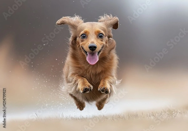 Fototapeta Playful and Energetic Dog Captured Mid-Flight, Joyfully Leaping Through a Softly Blurred Outdoor Background on a Sunny Day