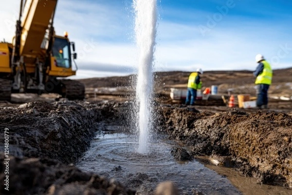 Obraz A strong stream of water gushes from a pipe in a construction site, highlighting the intersection of human work with natural elements and the complexity of urban projects.
