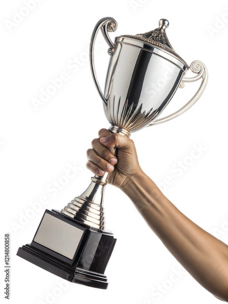 Obraz hand raise a silver trophy cup, victory or success concept. on a transparent background with a clipping path