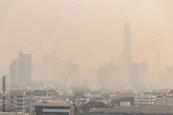 Fototapeta Red or yellow dust pm 2.5 warnings in Thailand, the air pollution from burning agricultural products or various industries affects respiratory.