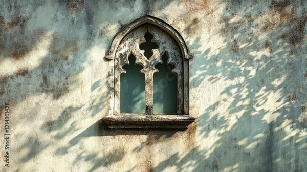 Fototapeta A small, decorative window with a retro visor, casting a stark shadow pattern on a vintage wall