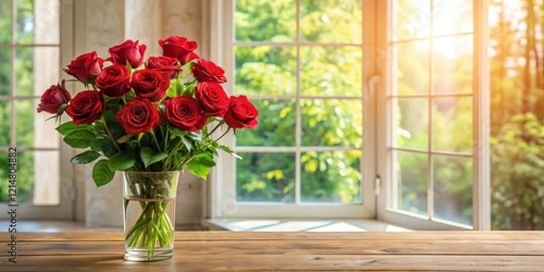 Fototapeta A delicate arrangement of long-stemmed red roses in a elegant vase on a wooden table, with soft natural light filtering through the window , luxury, interior