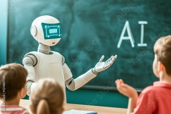 Fototapeta A robot teaching children about AI in classroom setting, engaging and interactive learning experience. kids are attentive and curious, fostering love for technology and innovation