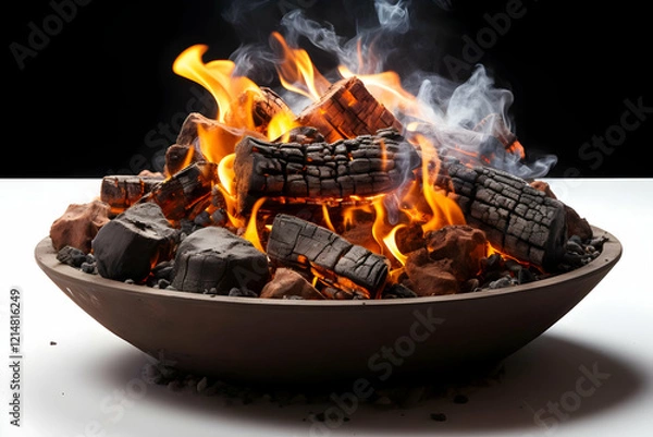 Fototapeta Burning Wood in a Bowl Emits Smoke and Flames Beautifully on a White Surface