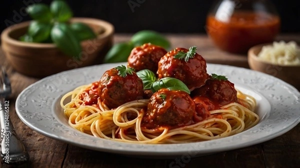 Fototapeta Spaghetti pasta with meatballs and tomato sauce, selective focus