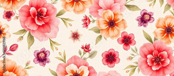Obraz Seamless Watercolor Floral Pattern with Pink, Orange, Bordeaux, and Brick Colors for Vibrant Design