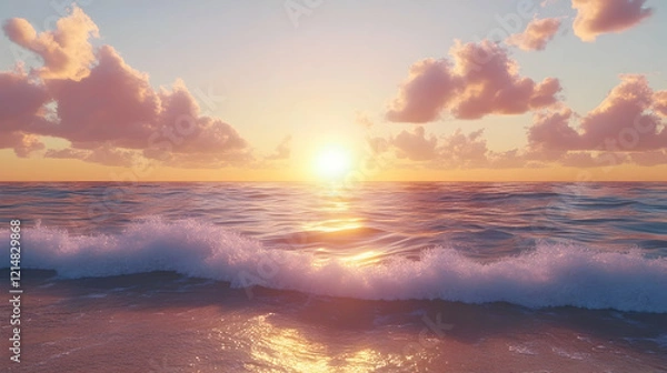 Fototapeta Serene sunset over the ocean with gentle waves lapping the shore, picturesque pink clouds.