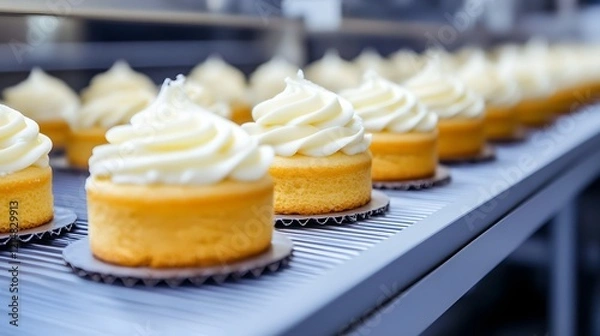 Fototapeta Conveyor Transporting Cakes Through Frosting Machine in Bakery Production