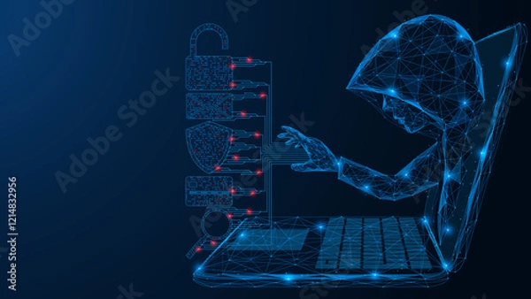 Fototapeta Hacker in a hood gets access to user data from a laptop screen. A polygonal drawing of interconnected lines and dots. Blue background.