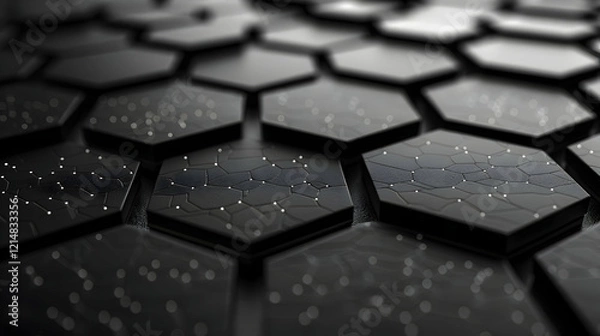 Fototapeta 3D Render of Black Hexagonal Tiles creates a Futuristic Background with Subtle Light Effects.