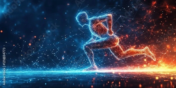 Obraz Dynamic runner in a futuristic digital landscape showcasing energy and movement at twilight