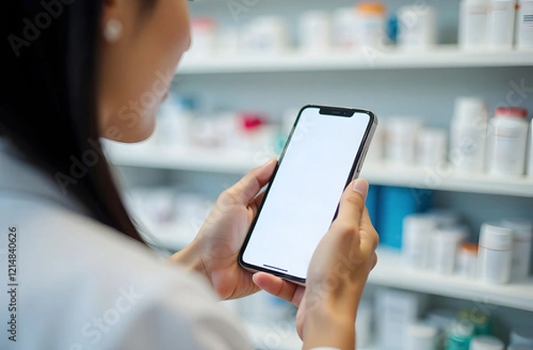 Fototapeta Pharmacist Holds Phone in Pharmacy. A pharmacist holds a phone with a blank screen in a pharmacy. The background shows medicine shelves. The style is modern with a focus on technology use.