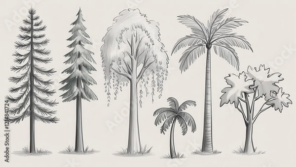 Fototapeta Diverse Pencil Sketch of Trees Conifers Palms and Deciduous Trees Illustration