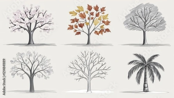 Fototapeta Six Hand Drawn Trees Illustrating Seasonal Changes Spring Summer Autumn Winter and Tropical