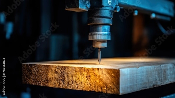 Fototapeta A close-up shot of a drilling machine poised over a piece of raw wood, showcasing the precision of woodworking tools, Ideal for use in articles or marketing materials related to carpentry
