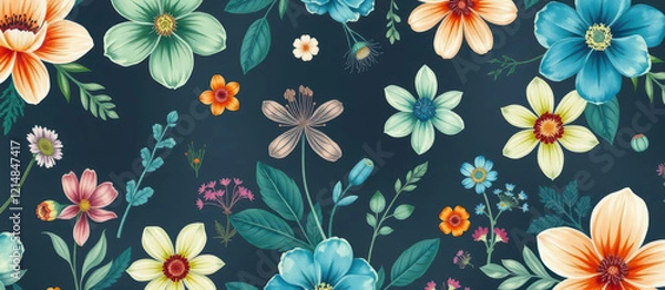 Fototapeta Seamless Floral Pattern with Hand-Painted Blue Flowers and Muted Beige Leaves for Elegant Design