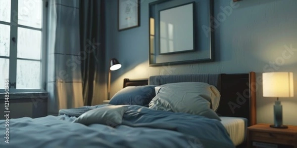 Fototapeta Nighttime view of cozy bedroom interior with neatly made bed, lamp on nightstand, and glowing window light.