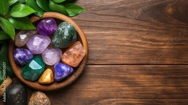 Fototapeta A wooden bowl filled with colorful gemstones rests on a wooden surface, accompanied by fresh green leaves, This image can be used for wellness, spirituality, or decorative themes,