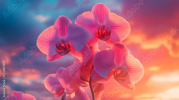 Obraz A vibrant orchid bouquet held against the backdrop of a stormy sky, with dramatic lighting highlighting the intricate petals, during an intense weather moment