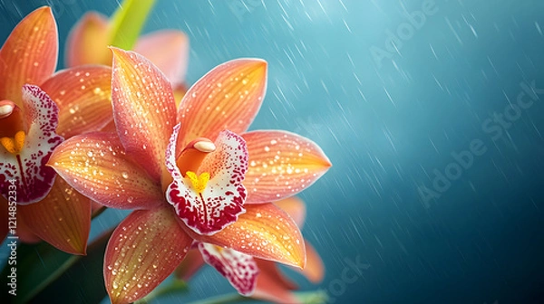 Obraz A vibrant orchid bouquet held against the backdrop of a stormy sky, with dramatic lighting highlighting the intricate petals, during an intense weather moment