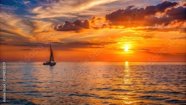 Fototapeta Sun setting over ocean horizon with sailboat in distance, Sunset, Ocean,  Sunset, Ocean