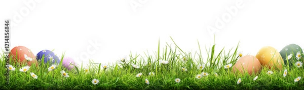 Obraz A template of a collection of painted easter eggs celebrating a Happy Easter with green meadow grass against a transparent background.