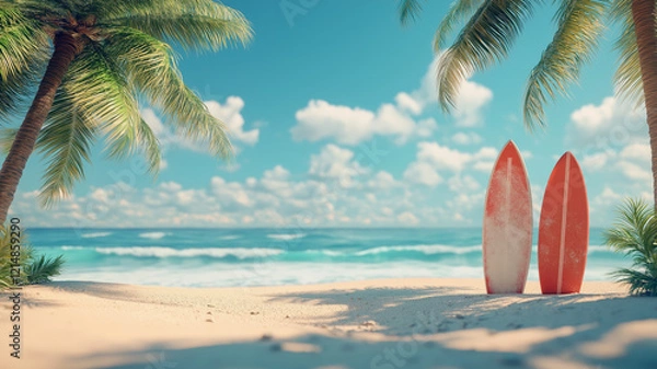 Fototapeta Surfboards against the backdrop of a Hawaiian beach with palm trees and a turquoise ocean.