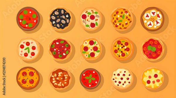 Fototapeta Fifteen Mini Pizzas with Various Toppings Form a Delicious and Colorful Pattern on an Orange Background.