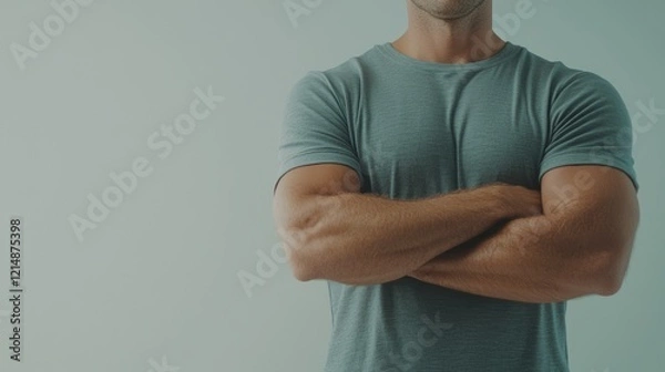 Fototapeta Power and Precision - Cinematic Close-Up of Muscular Arms Across Broad Chest, Ultra-Detailed Image with Emphasis on Posture and Definition