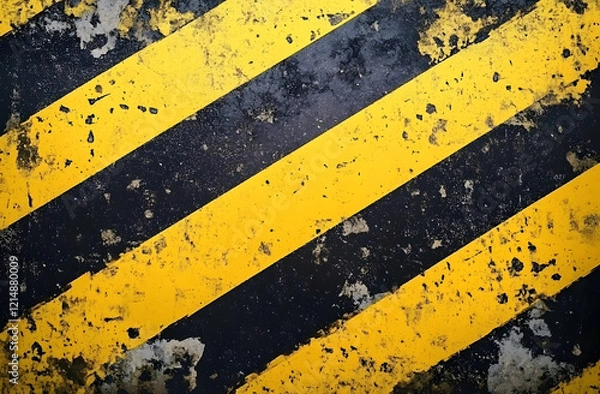 Fototapeta Grunge yellow and black diagonal stripes create warning background. Industrial safety design. Caution sign pattern. Old and dirty surface texture. Possible hazardous area or construction site.