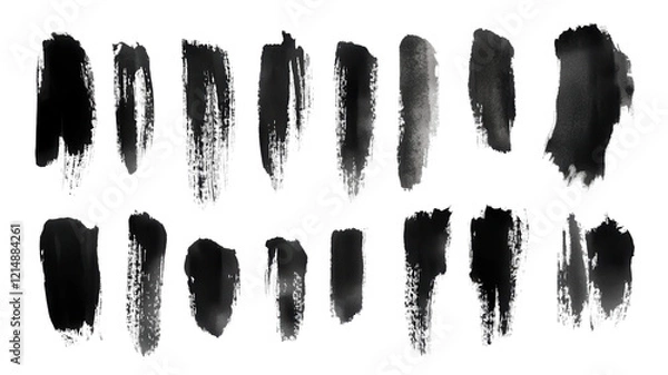 Fototapeta Black Ink Brushstrokes: A collection of 19 unique and expressive black ink brushstrokes, rendered in a minimalist style, providing a diverse range of textures and shapes for design, artistic.