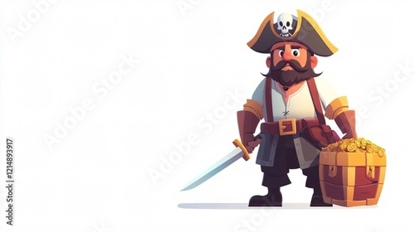 Fototapeta Adventurous Pirate Captain Poses with Sword and Treasure Chest