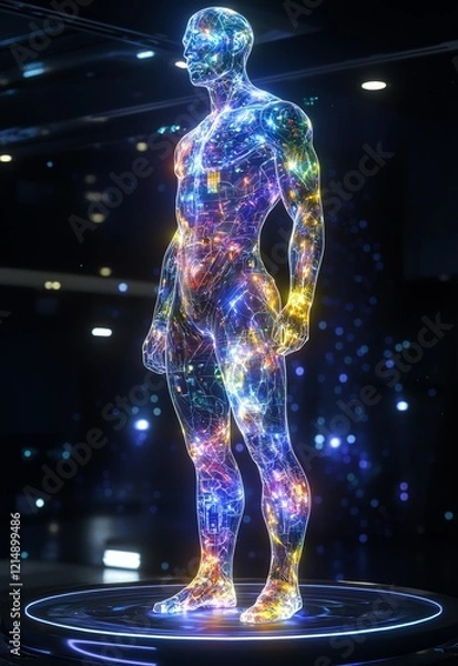 Obraz Abstract Human Figure with Colorful Light Patterns and Digital Technology Elements
