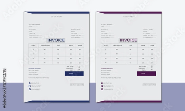 Fototapeta Invoice , Minimal professional vector Corporate Business Invoice design template, bill form price invoice, Creative invoice template, business stationery design, payment agreement design template .