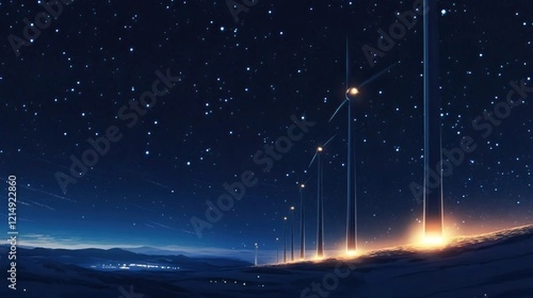 Obraz Glowing wind turbines under starry night sky highlight renewable energy and environmental conservation concepts
