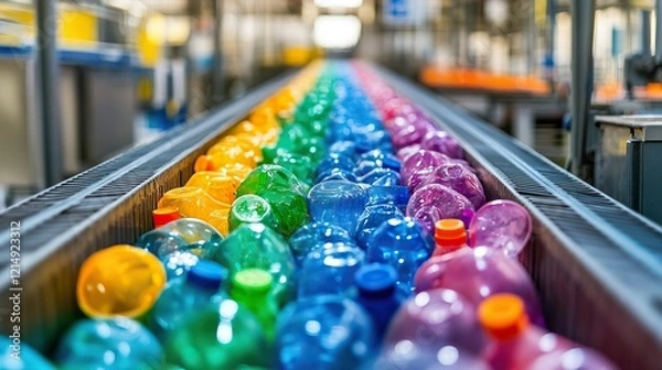 Obraz Colorful plastic bottles moving on a conveyor belt in a recycling plant for sustainable waste management and pollution reduction - ecology and environmental pollution