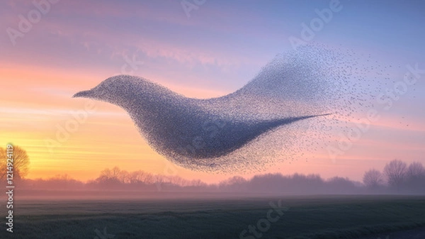 Fototapeta A mesmerizing murmuration of starlings forming a bird shape in the sky, set against a colorful sunrise over a misty field.