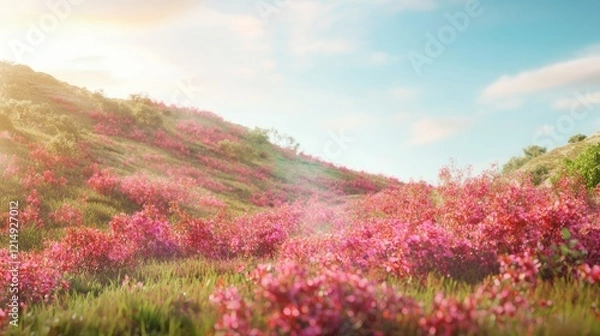 Fototapeta Radiant Blossoms: A Cinematic View of a Sunlit Hillside Orchard in Full Bloom | Ultra-Detailed Image Capturing Vibrant Red and Pink Petals