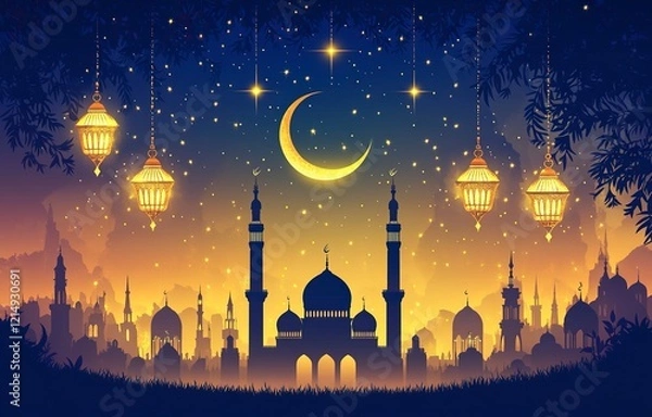 Obraz Eid Mubarak and Ramadan Kareem greetings with an Islamic lantern, mosque spire, and night sky background with copy space. 
