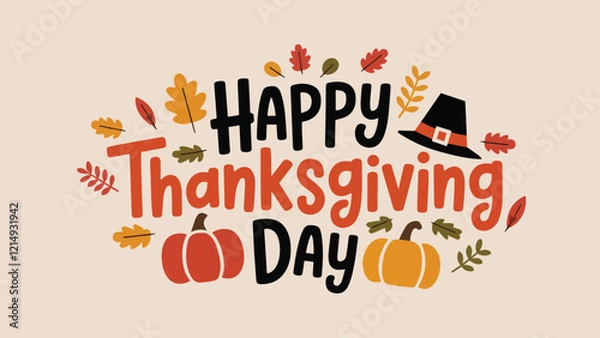 Fototapeta Happy thanksgiving day background with lettering and illustrations Poster Vector Design