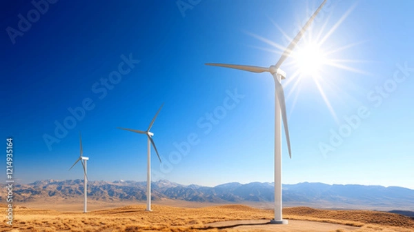 Fototapeta Aerial view of wind farm with several wind turbines under bright sun, showcasing renewable energy in vast landscape. scene captures beauty of nature and technology harmoniously